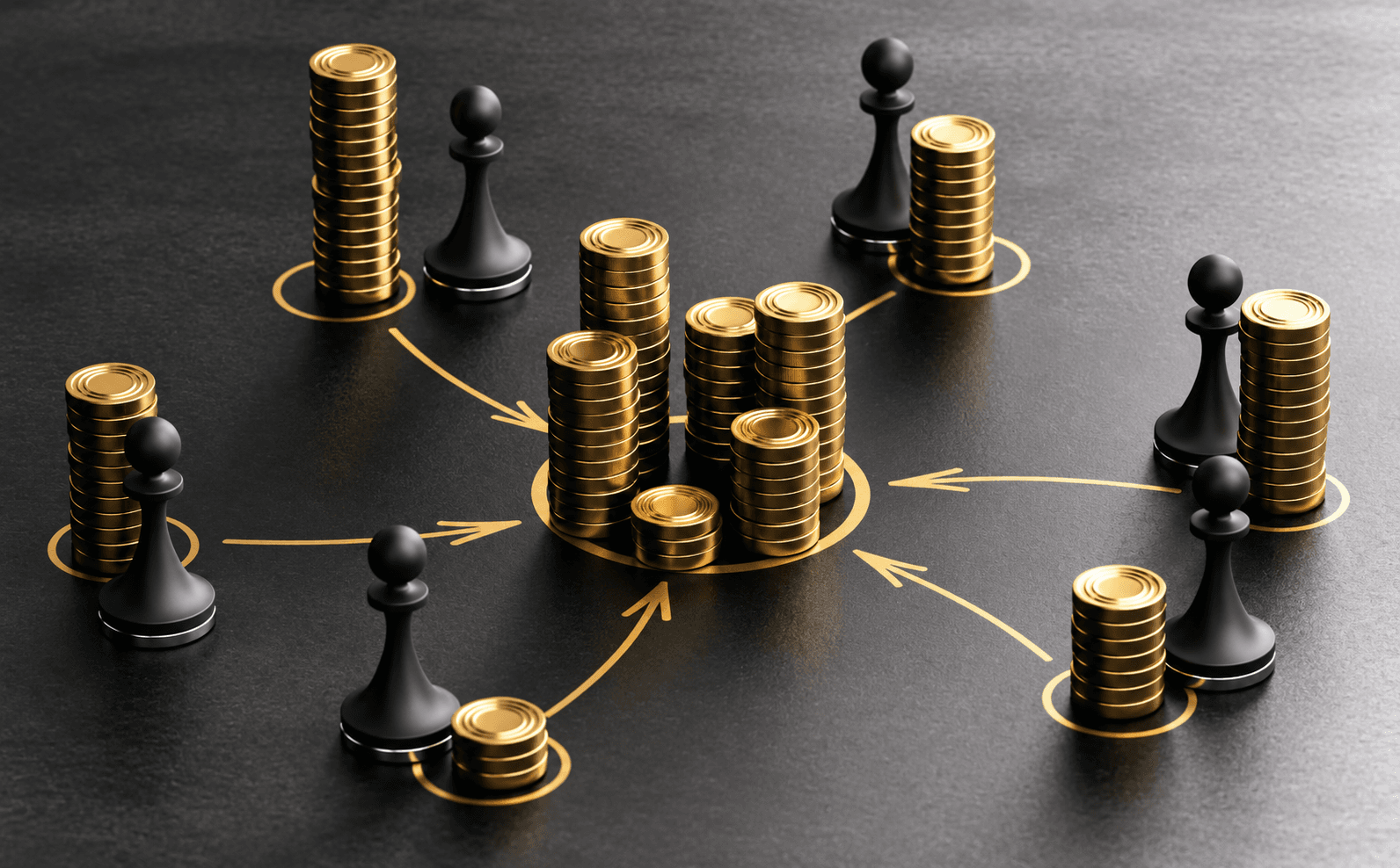 Golden coin stacks and chess pawns linked by glowing capital-flow arrows